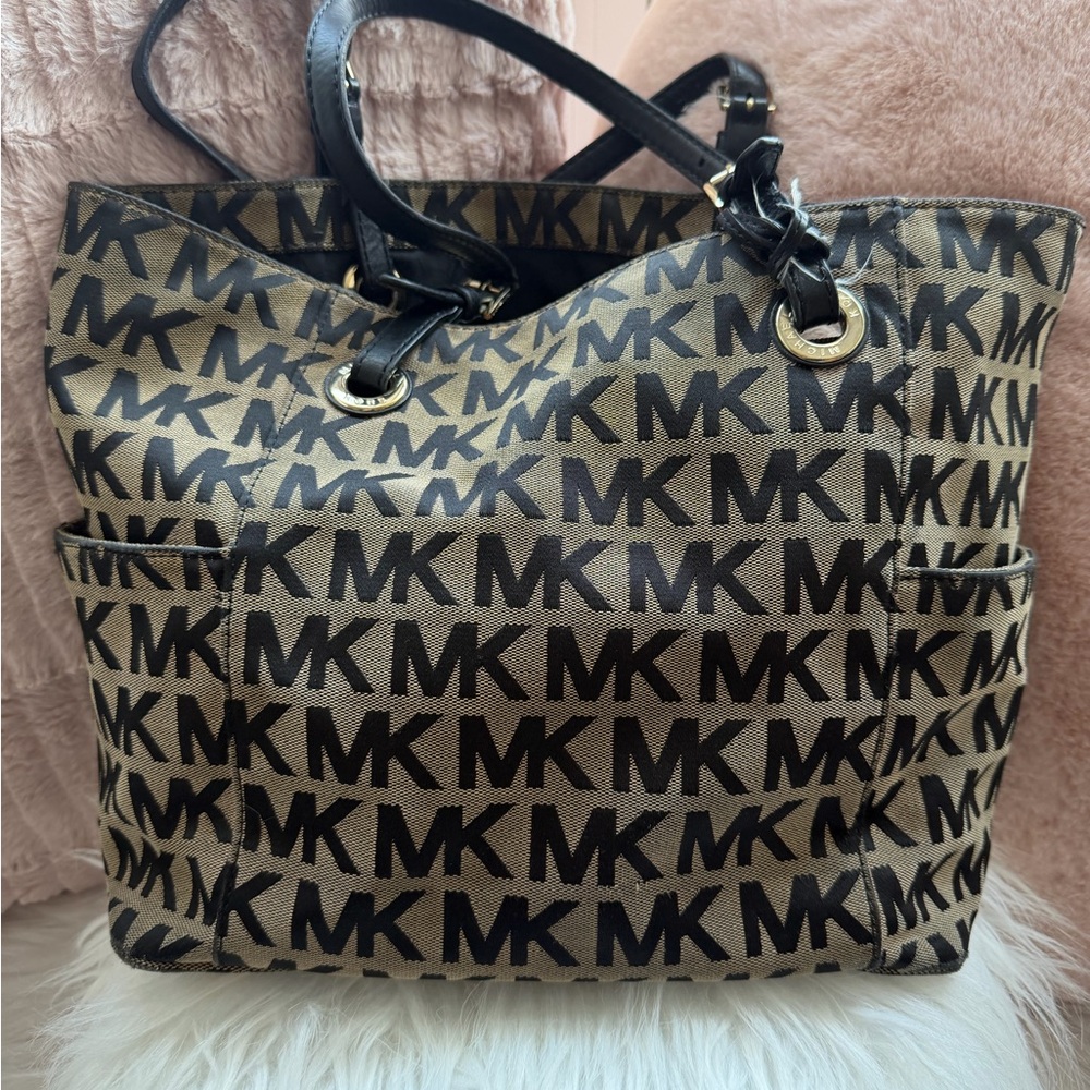 Michael Kors Tan and Black MK Logo Tote